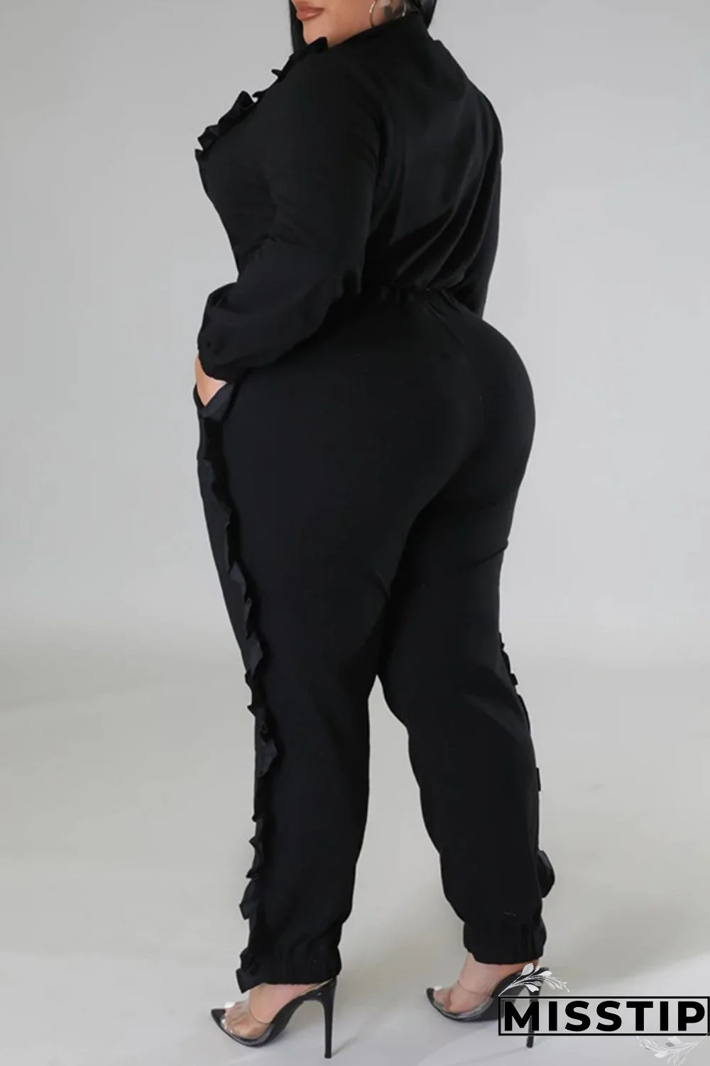 Black Casual Solid Patchwork Zipper Collar Plus Size Two Pieces