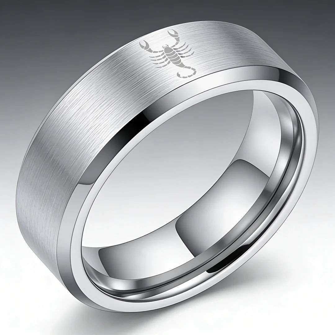 Sliver Scorpio Tungsten Wedding Bands Beveled Edges Sliver Laser Etched Couple Tungsten Carbide Rings 4MM 6MM 8MM Width