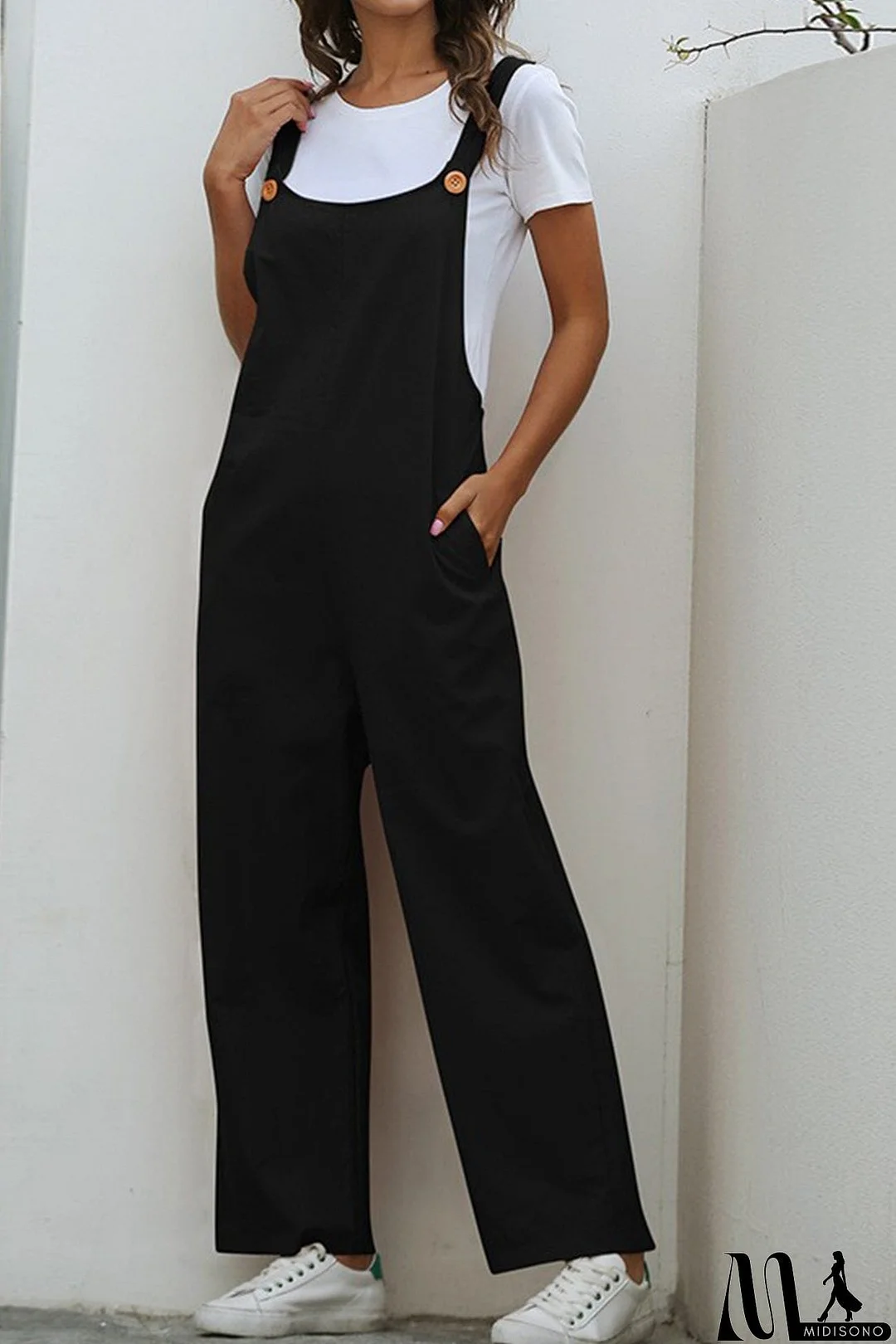 MidiSono - Solid Color Sleeveless Long Pants Jumpsuits