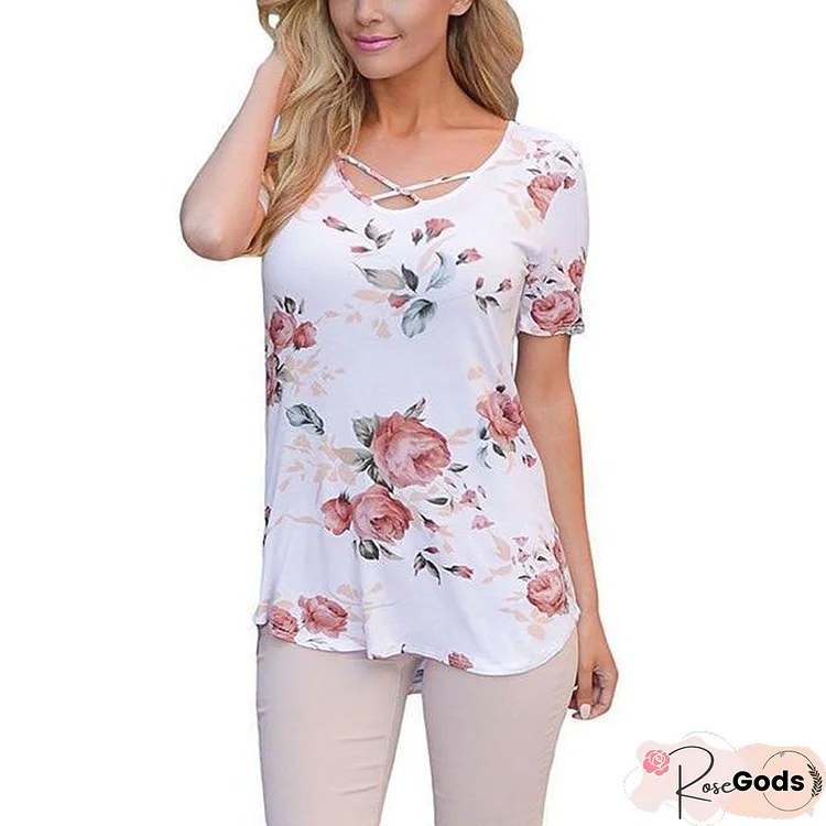 Large Size Women Short Sleeve V-Neck Blouse Printed Shirt Plus Size Tops