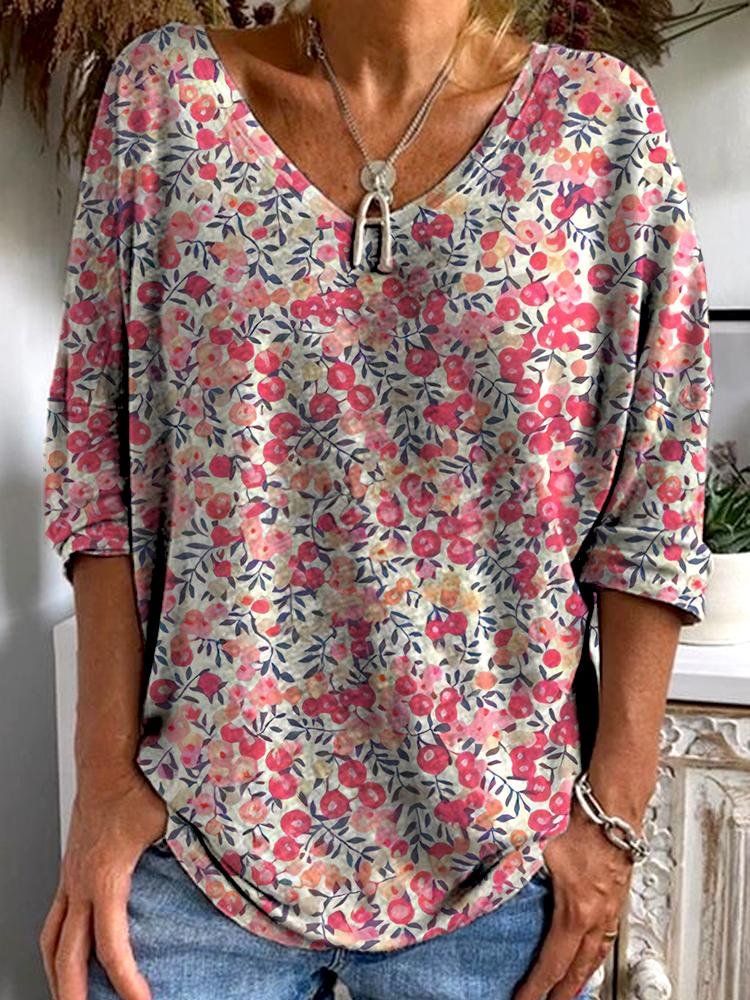 Women's Fashionable and Comfortable Pink Floral Print V-neck Long-sleeved T-shirt