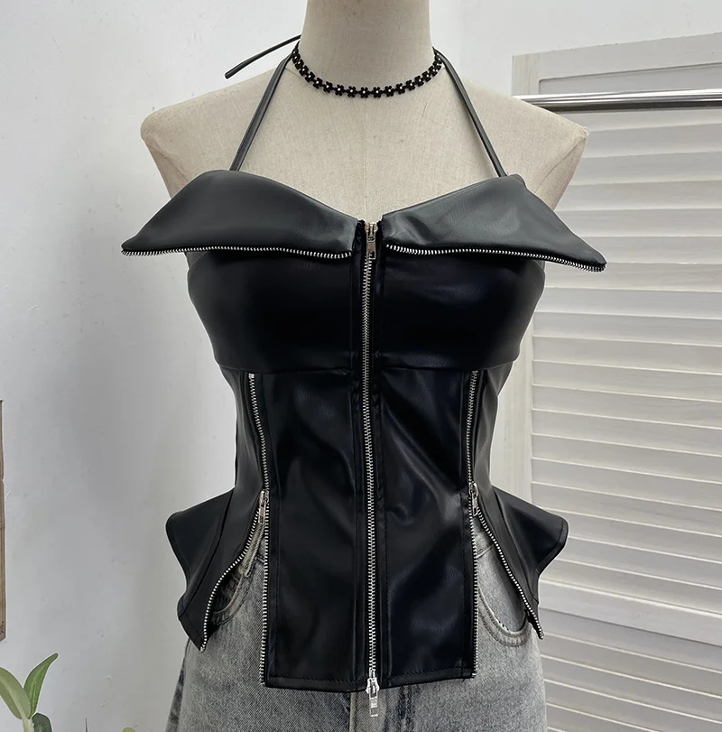 Nigikala Nigikala Shoot Hottie Hanging Neck Zipper Open Fork Sling Vest Pu Skin Bra Repair Short Sleeveless Top 8112