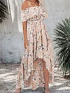 Vacation High-Low Floral Printed Falbala Off-The-Shoulder Midi Dress