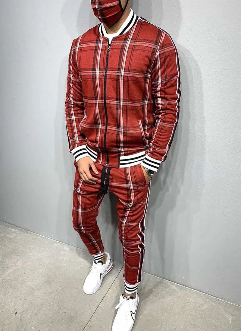 Men's Plaid Cardigan Jacket Trousers Sports Suit