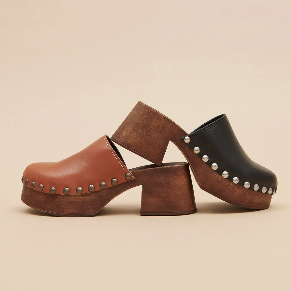 Brown Round Toe Chunky Heel Platform Studded Women's Mules Shoes
