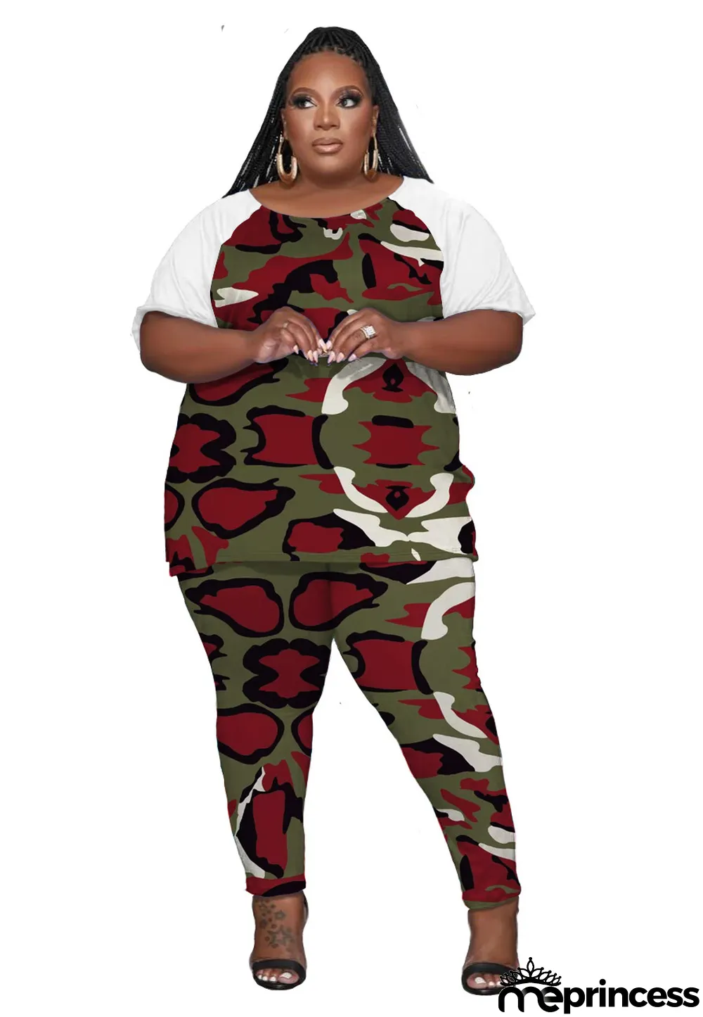 Women's cute Plus Size raglan print two-piece set