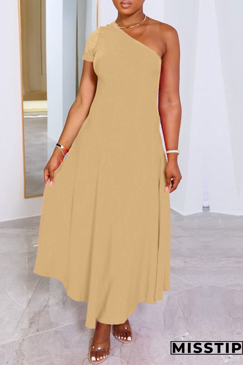 Khaki Casual Solid Patchwork Oblique Collar A Line Dresses