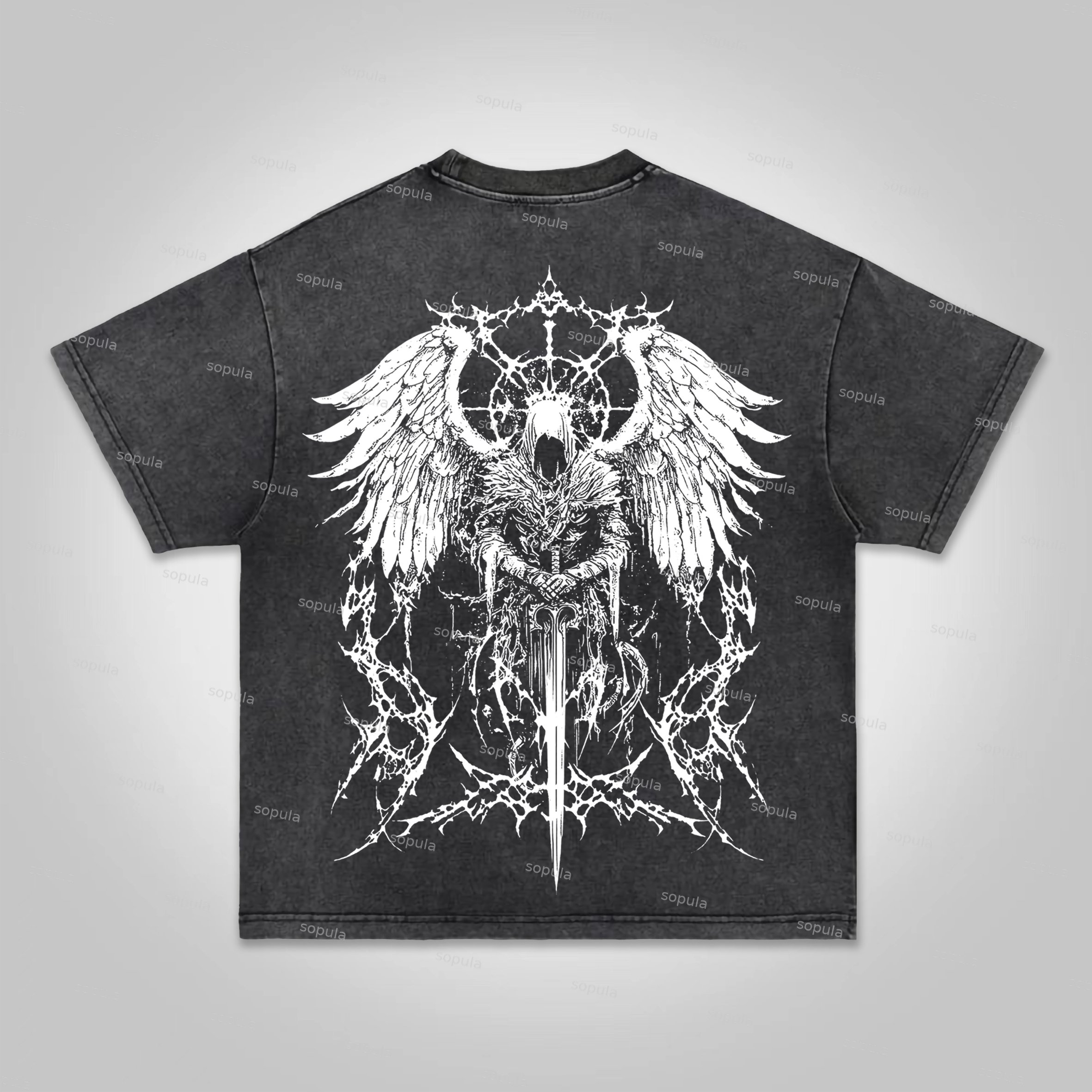 Sopula Vintage Angel Pattern Cross Faith Print Acid Washed T-shirt