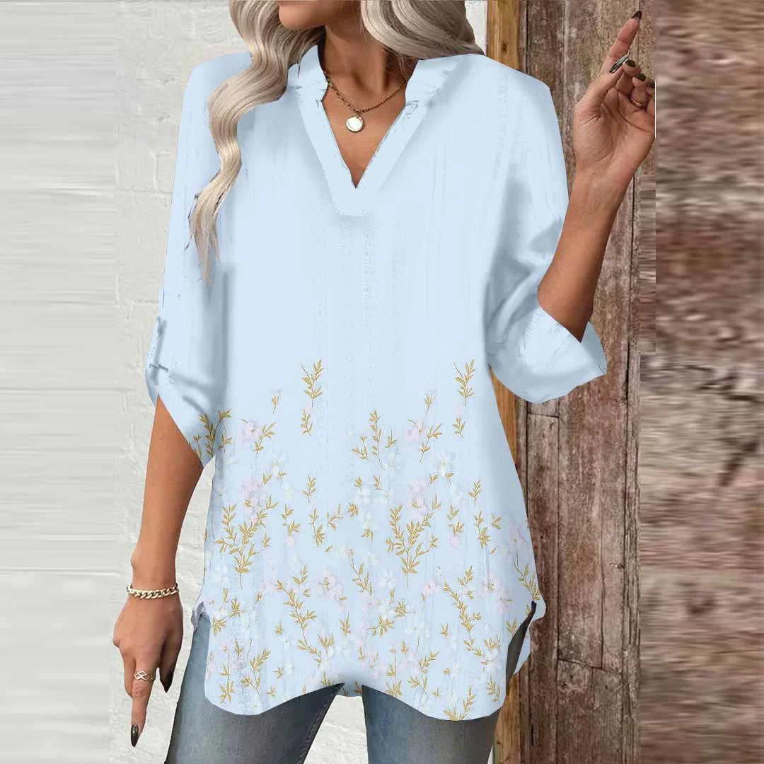 Women Pink Blue, Floral DZGA0526 3/4 Sleeve V-neck Printed Graphic Button Tops