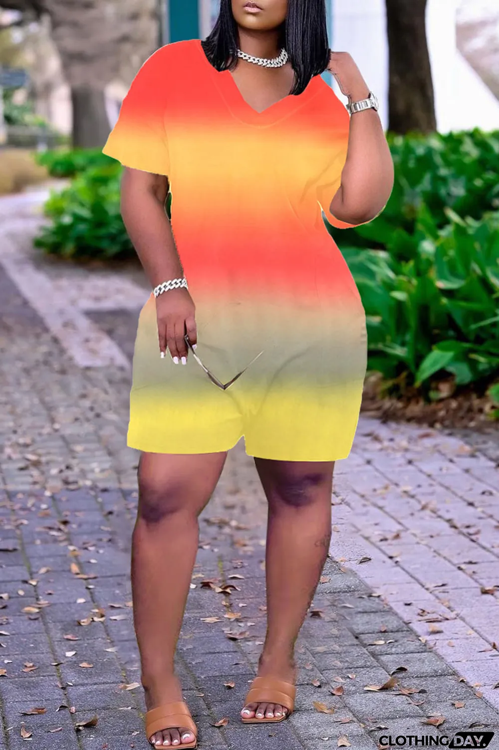 Pink Casual Gradual Change Print Tie-dye O Neck Loose Jumpsuits