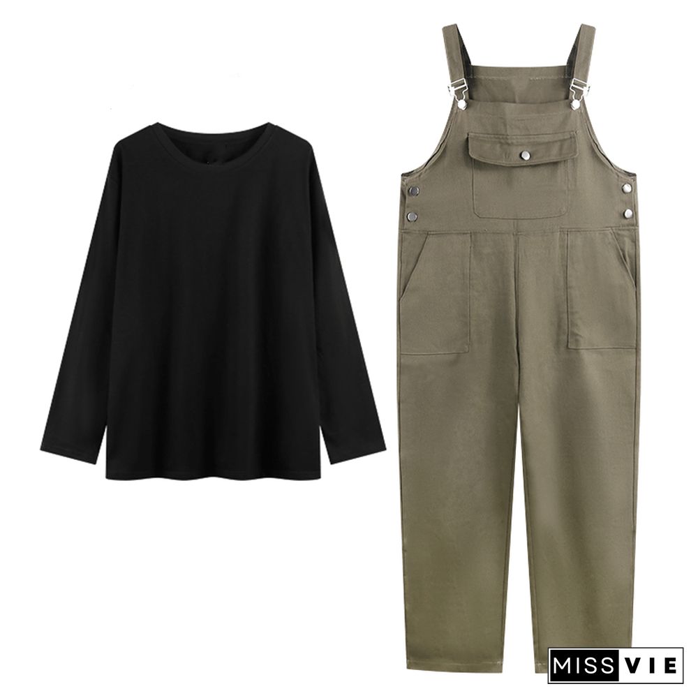 Cool Loose Pure Color Shirt Overalls Set