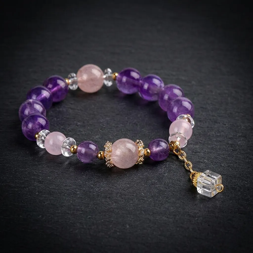 JiStones Serenity Amethyst & Rose Quartz Crystal Bracelet Ethereal Violet & Blush Pink (10mm)