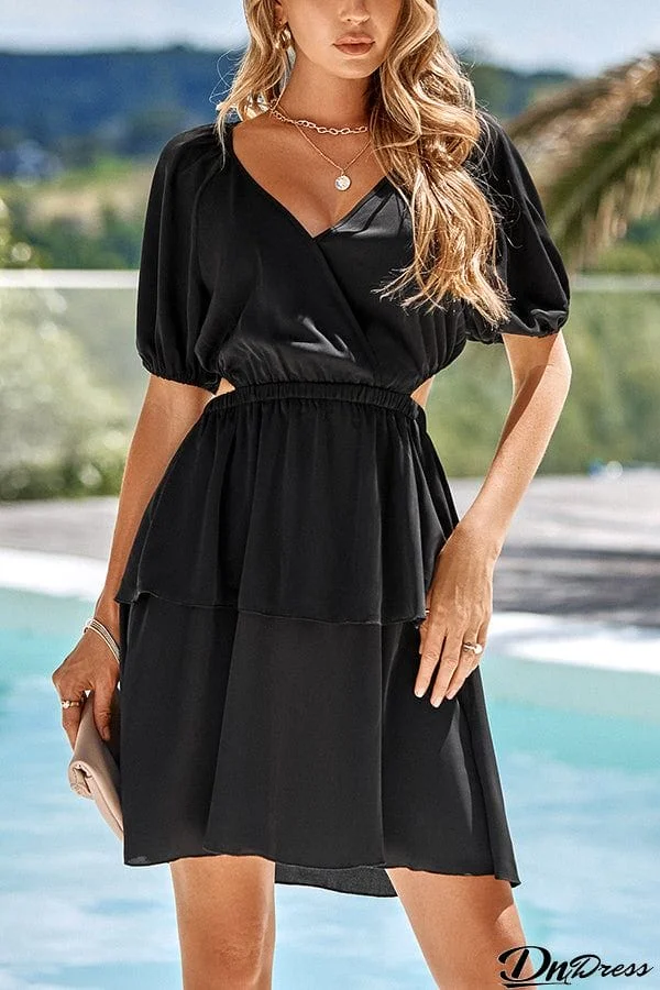 Fashion V-neck solid color waist dress