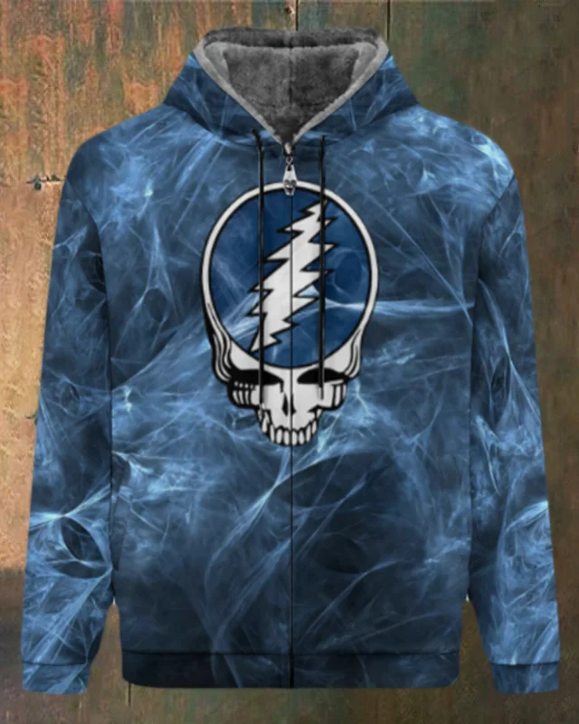 Unisex Skull Print Double Layer Fleece Zip-Up Hooded Jacket