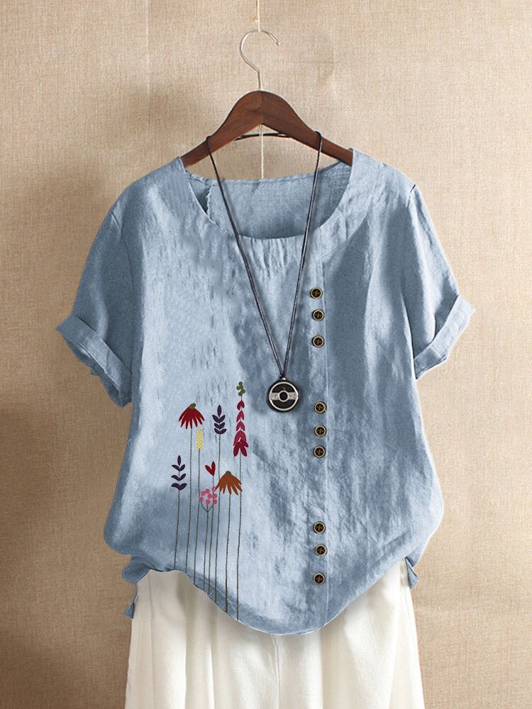 Leaf Embroidery Short Sleeve O neck T shirt For Women P1709665