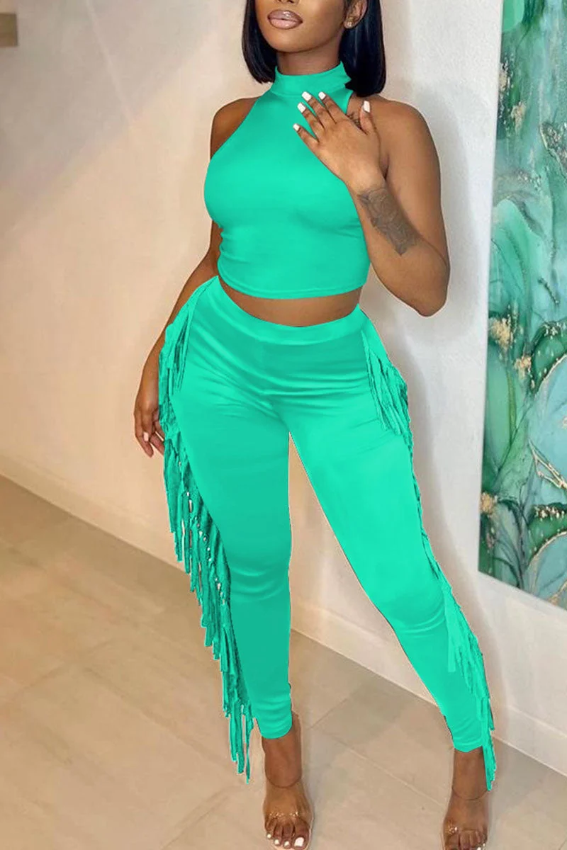 Sexy Solid Tassel Split Joint O Neck Sleeveless Two Pieces