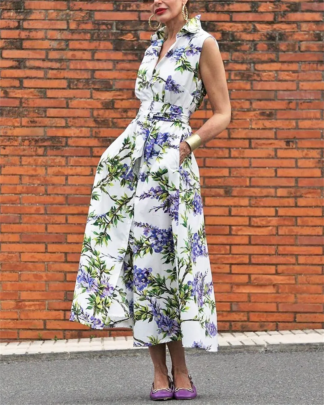 Women's Casual Lapel Print Sleeveless Dress