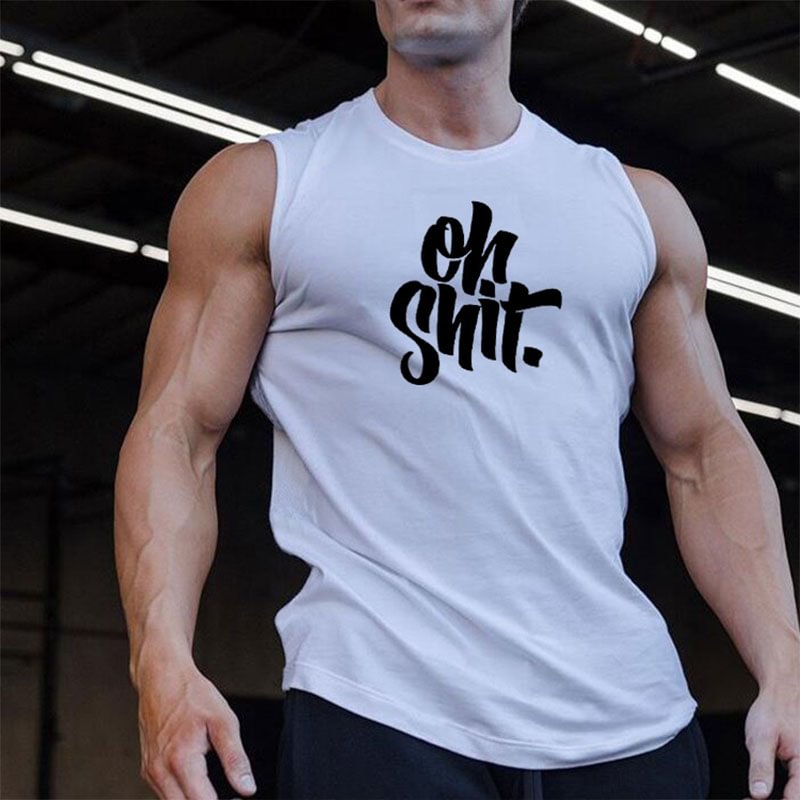 Letter OH SHIT Print Tank Tops Men Oversized Sleeveless Fitness Gym Tank Tops-VESSFUL