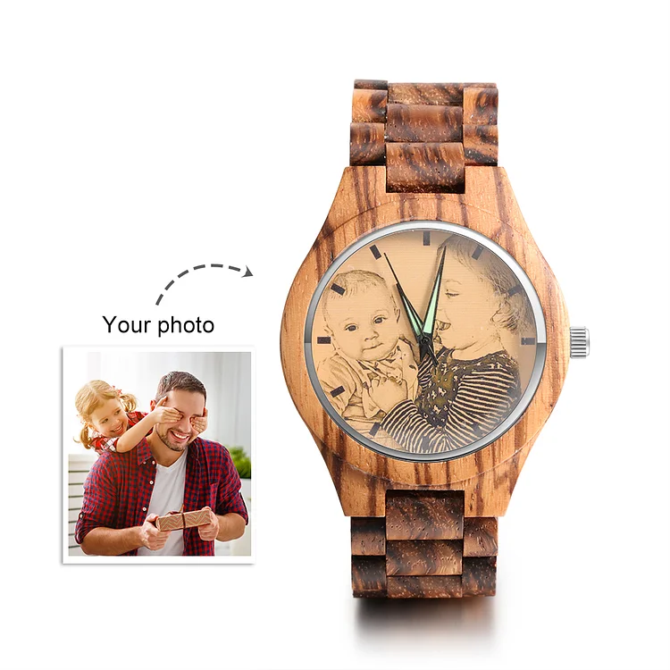 Men's Engraved Wooden Photo Watch Wooden Strap