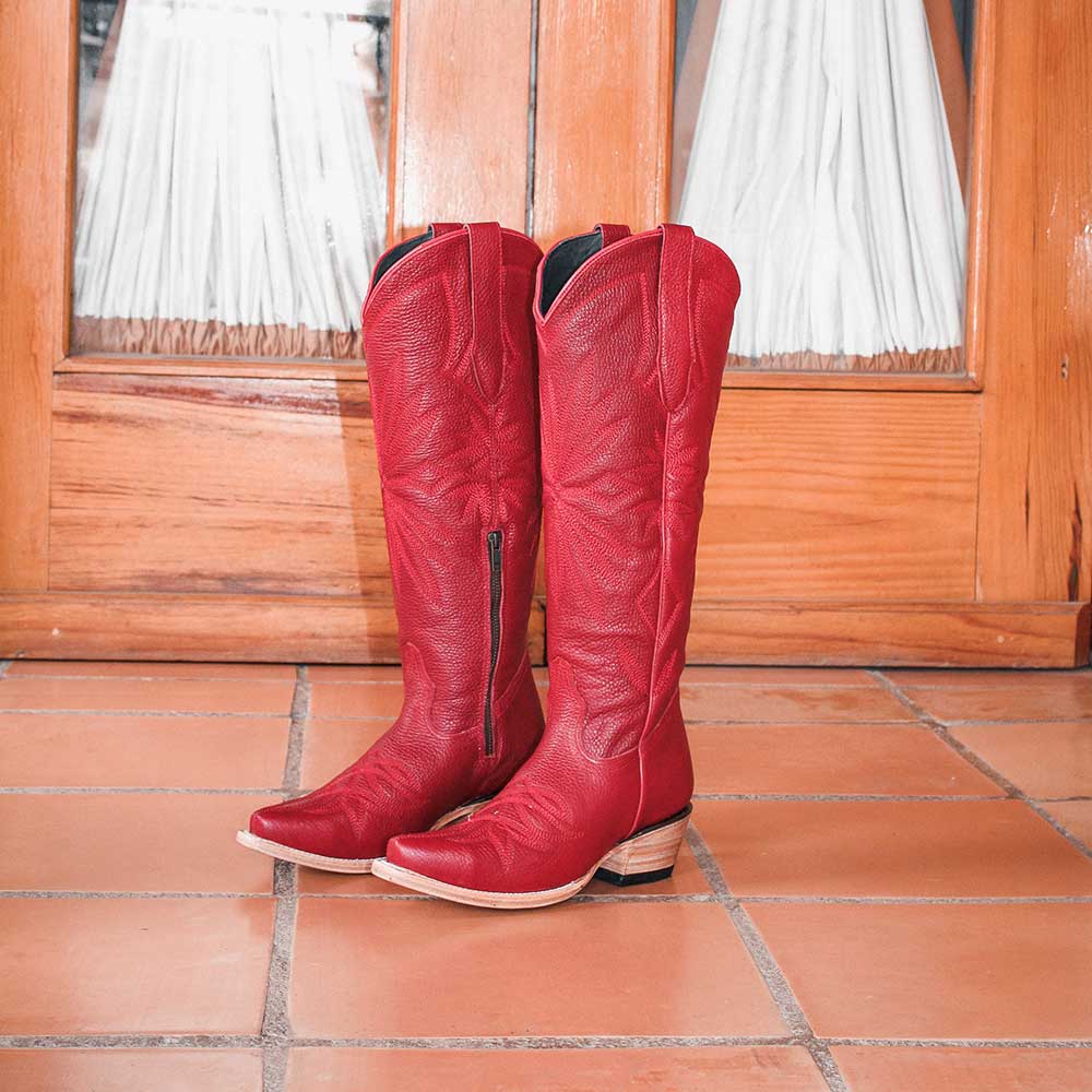 Red Embroidered Snip Toe Chunky Heel Knee-High Zipper Cowgirl Boots Nicepairs