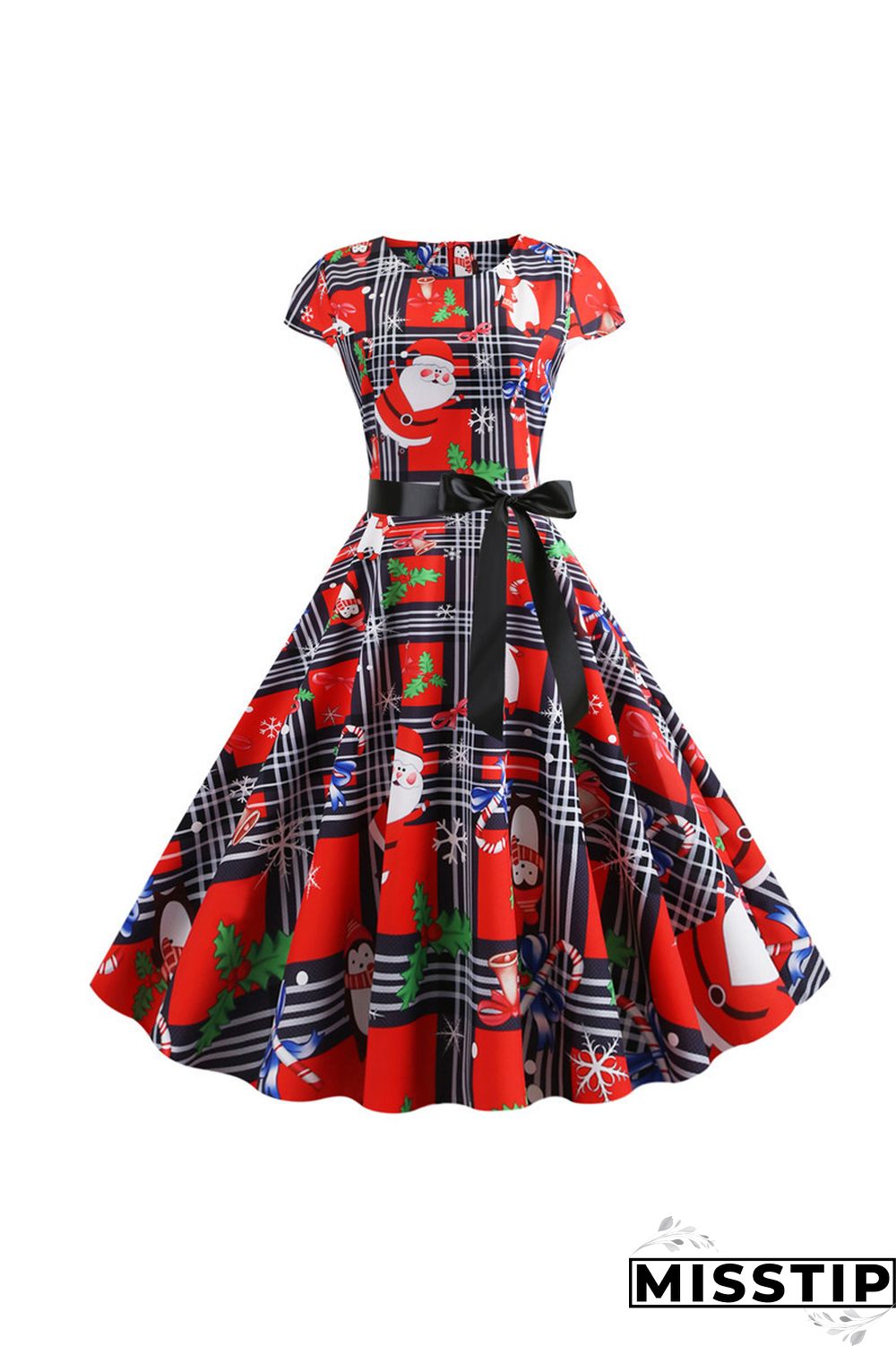 LeafPrint Christmas Short Sleeve Swing Dress
