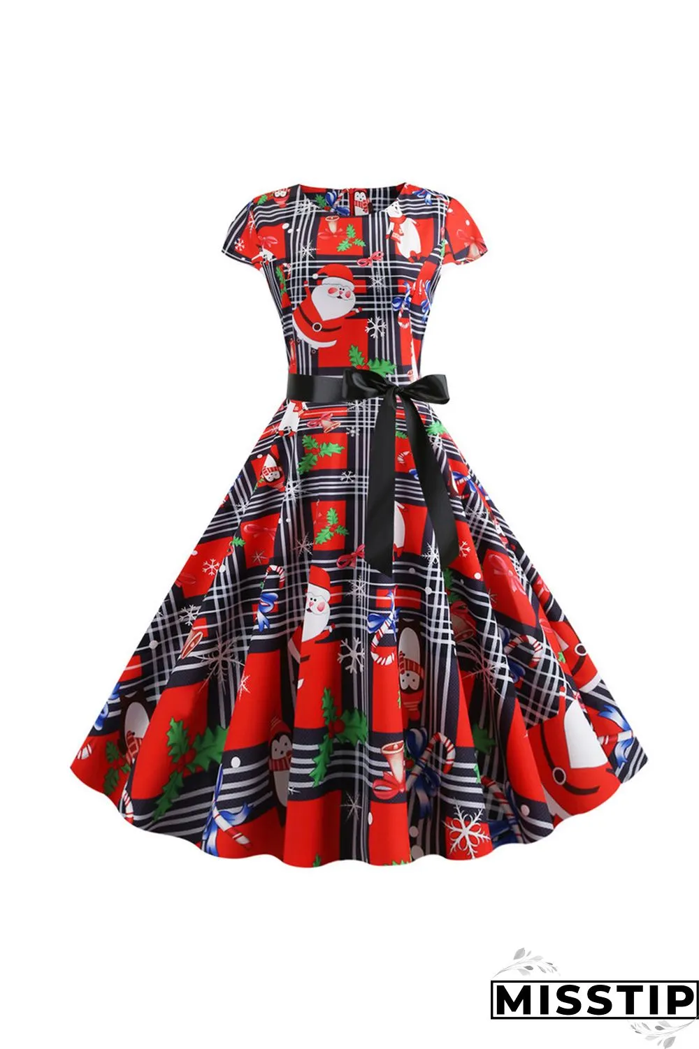 LeafPrint Christmas Short Sleeve Swing Dress