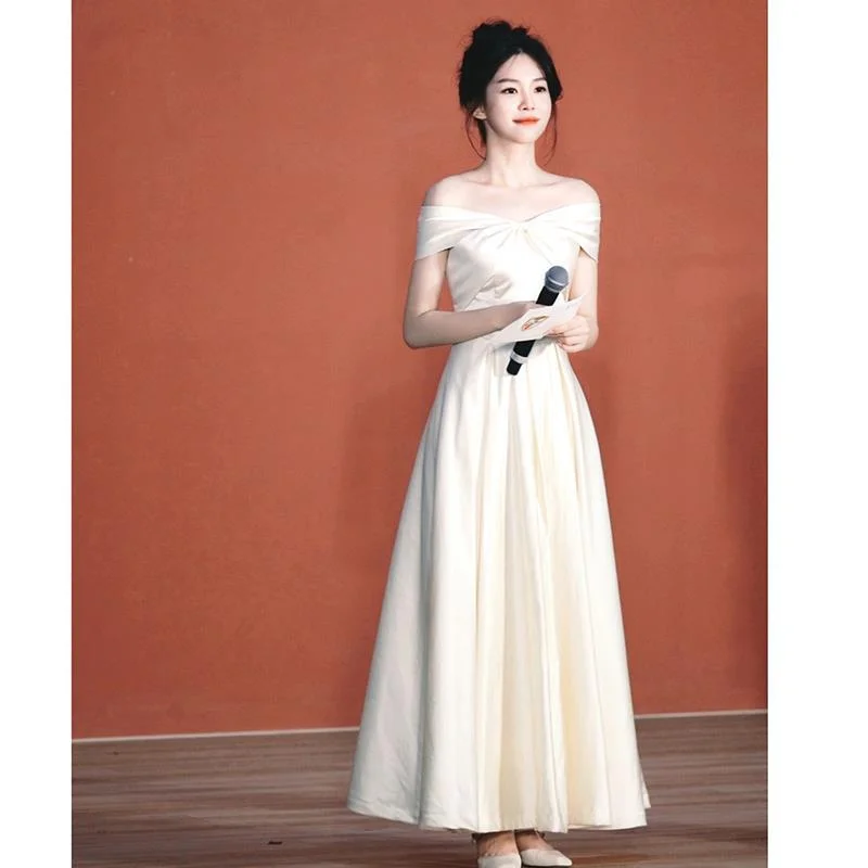 Zingj One-Word Shoulder-To-Shoulder Dress High-End Light Luxury Niche French Engagement Dress White Certificate Registration Small White Dress Spring