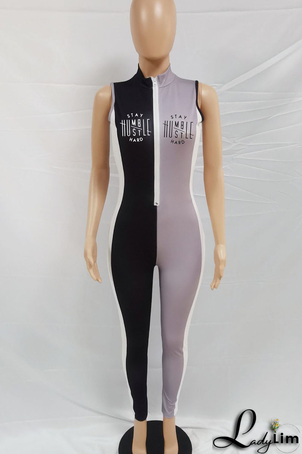 Black Gray Casual Street Print Split Joint Zipper Collar Regular Jumpsuits