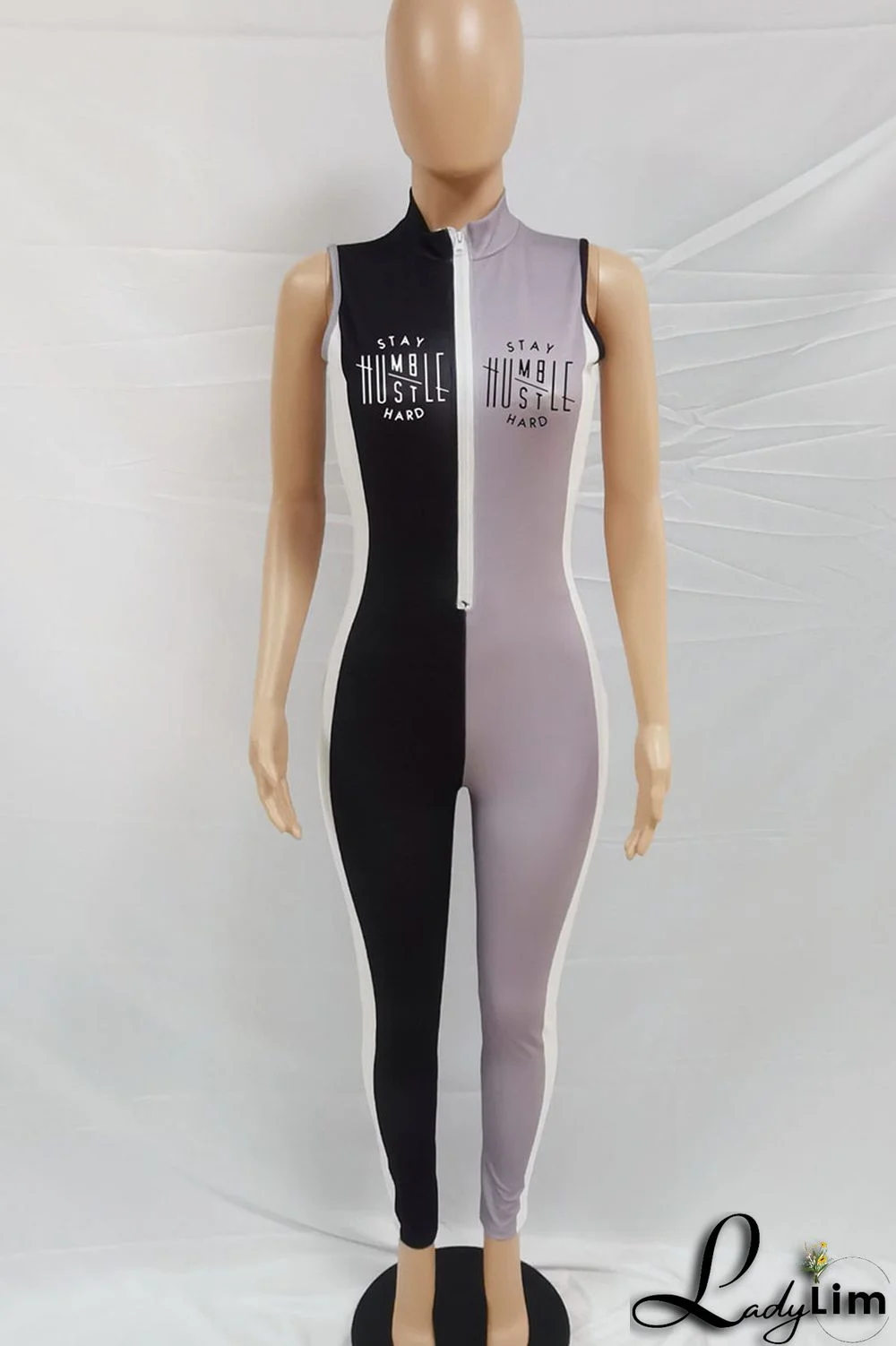 Black Gray Casual Street Print Split Joint Zipper Collar Regular Jumpsuits