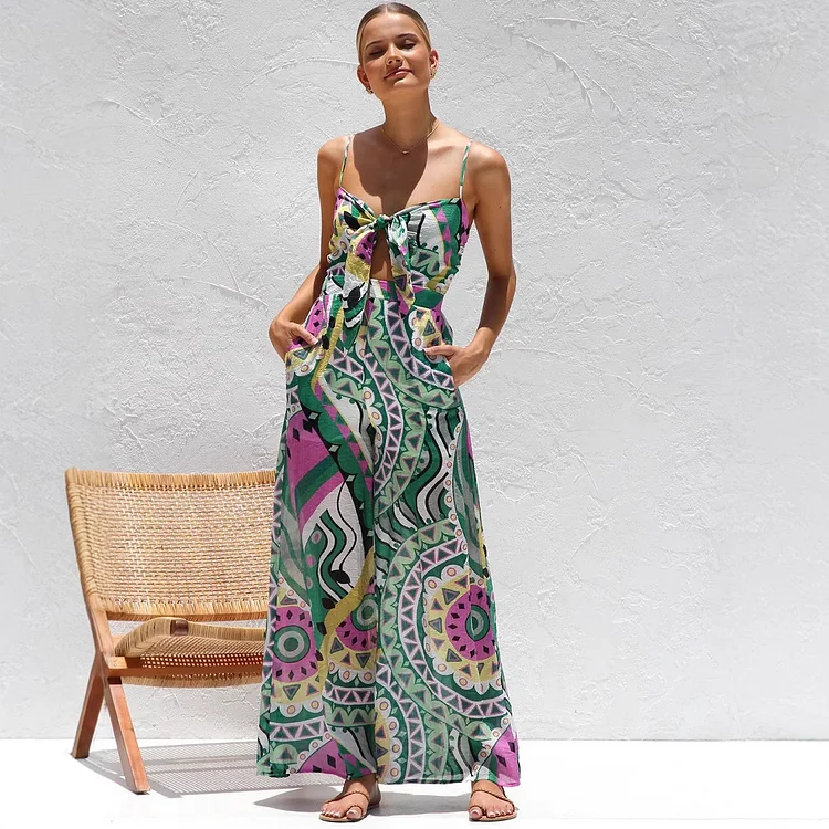 Bandage Bowknot Design Printed Jumpsuit