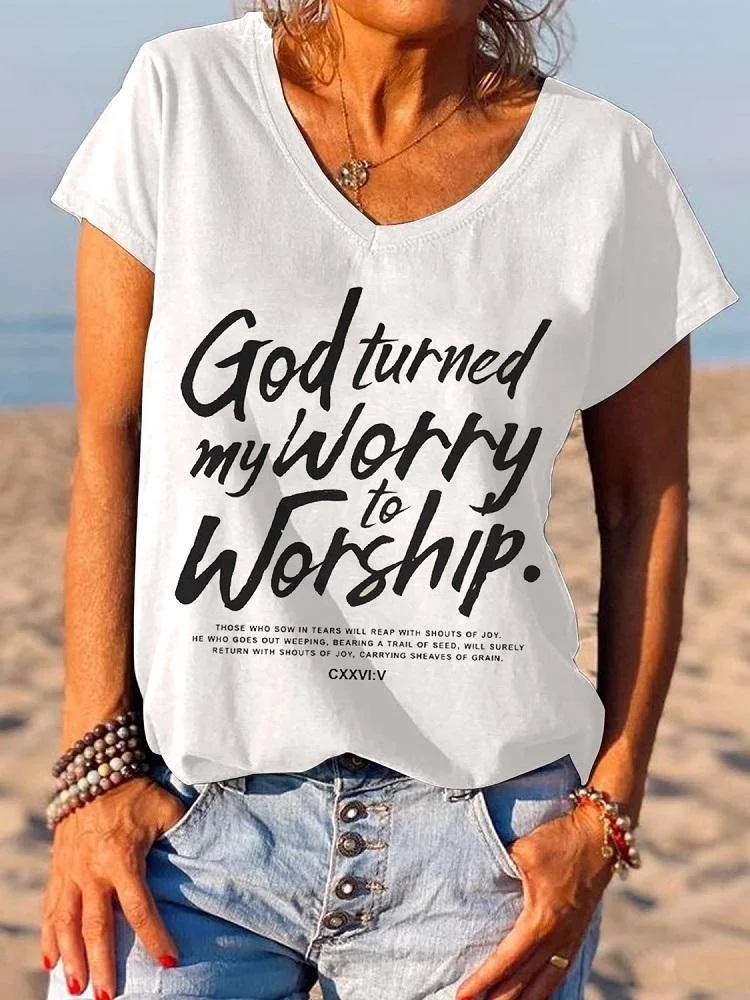 White God Worship Letter Print Women's V Neck T-Shirt 