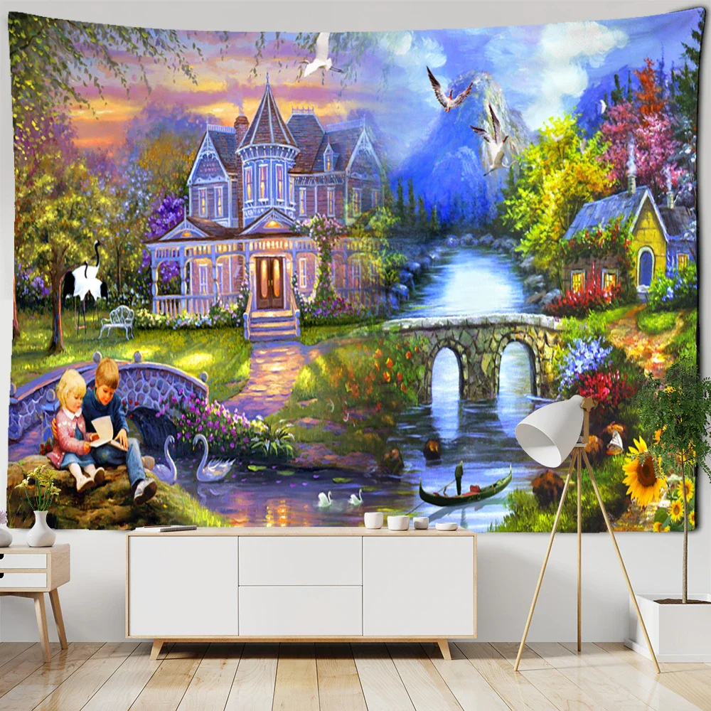 Nigikala Retro Oil Painting Architecture Print Tapestry Hippie Polyester Fabric Home Decor Wall Rug Carpets Hanging