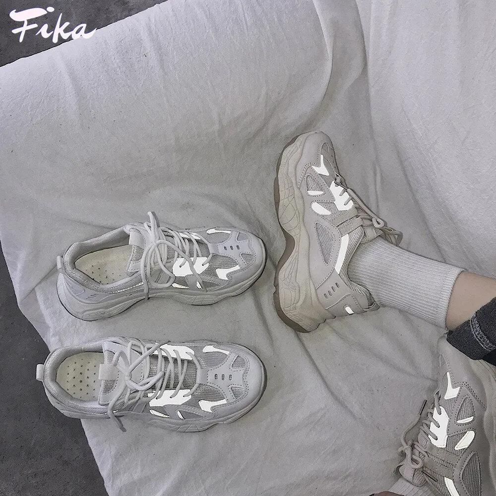 Women Sneakers Platform Shoes Fashion Mesh Chunky Sneakers 2021 Casual Shoes Reflective Comfortable Thick Sole White Dad Flats