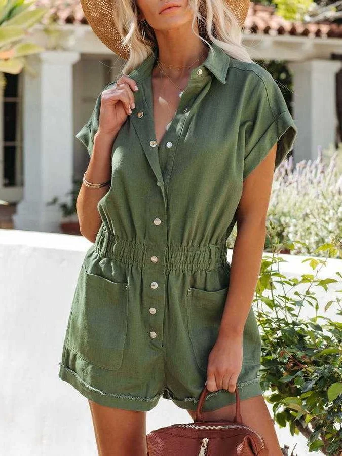 Uveng Uveng Women's New Solid Color Collar Short Sleeve Single-D Row Pocket Straight Shorts Jumpsuit