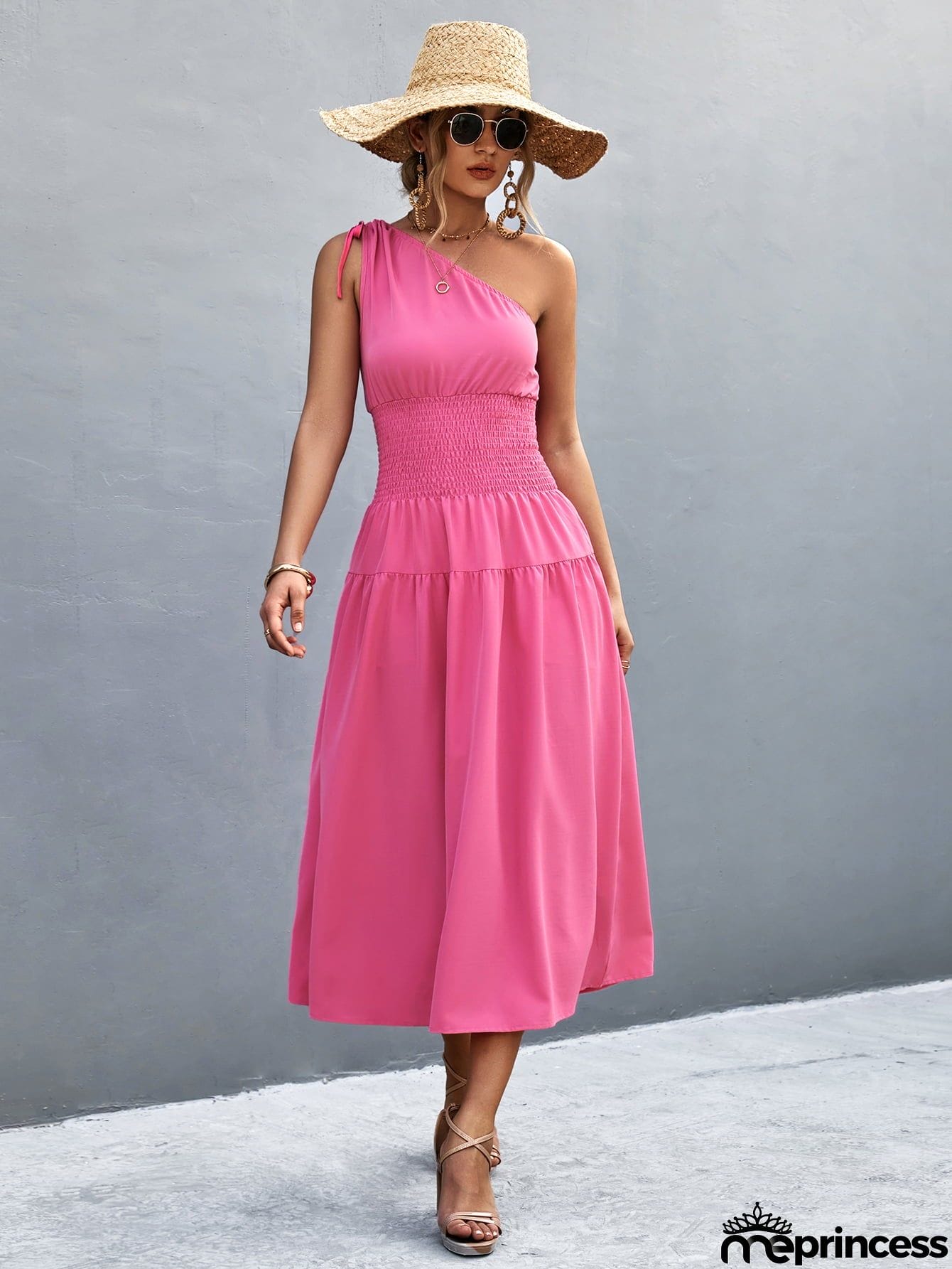 Asymmetrical One Shoulder Smocked Waist Midi Dress