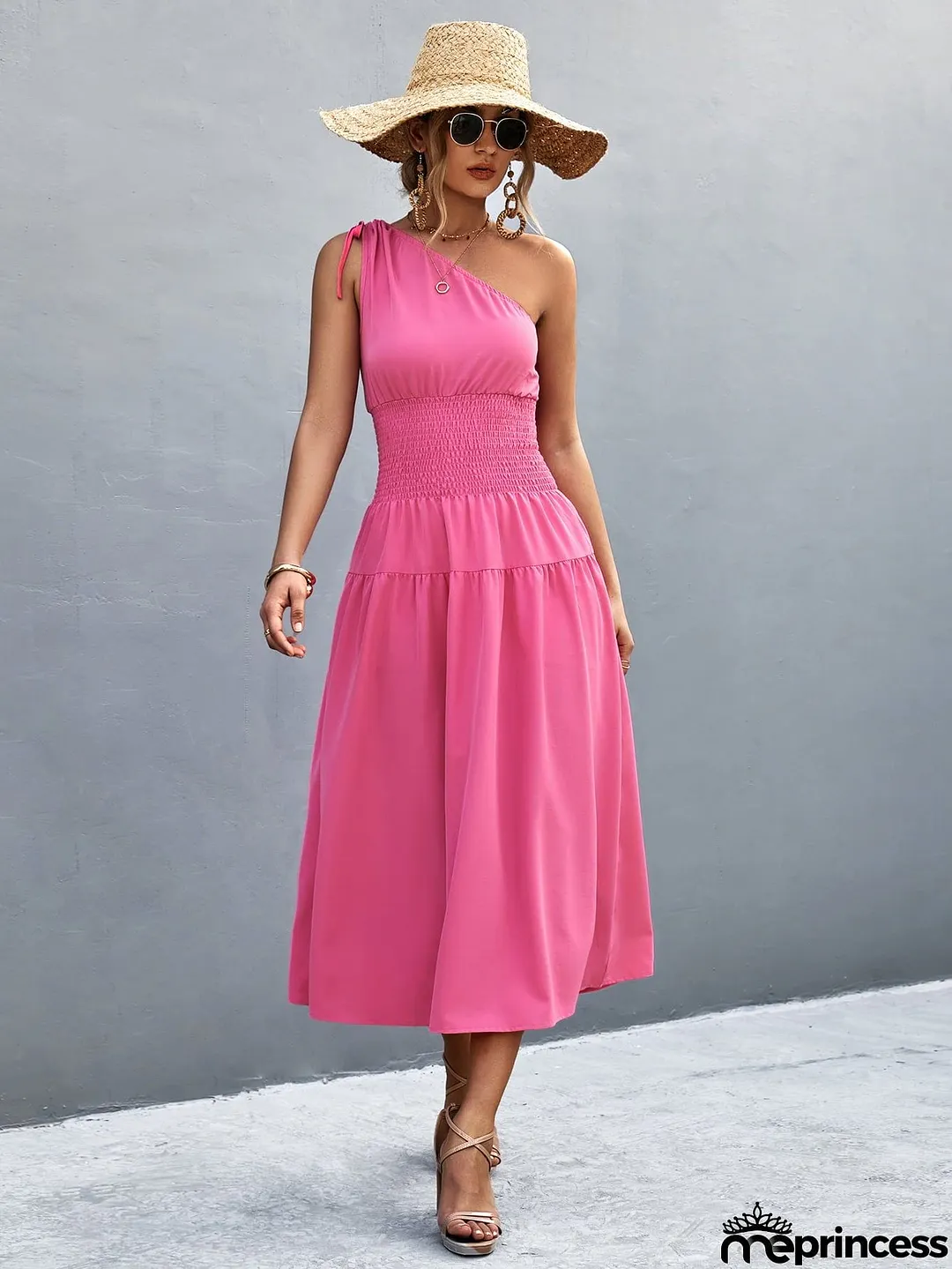 Asymmetrical One Shoulder Smocked Waist Midi Dress