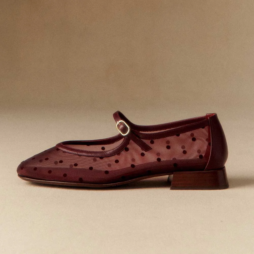 Mesh Square Toe Flat Polka Dot Mary Jane Shoes for Women in Maroon