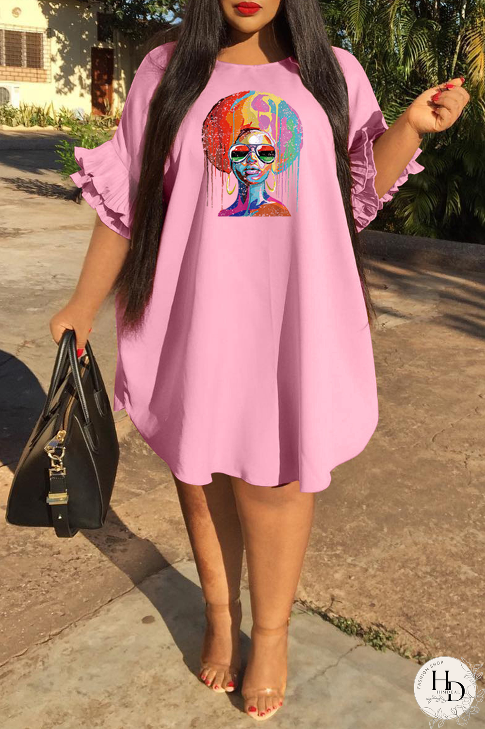 Pink Fashion Print Flounce O Neck Straight Plus Size Dresses