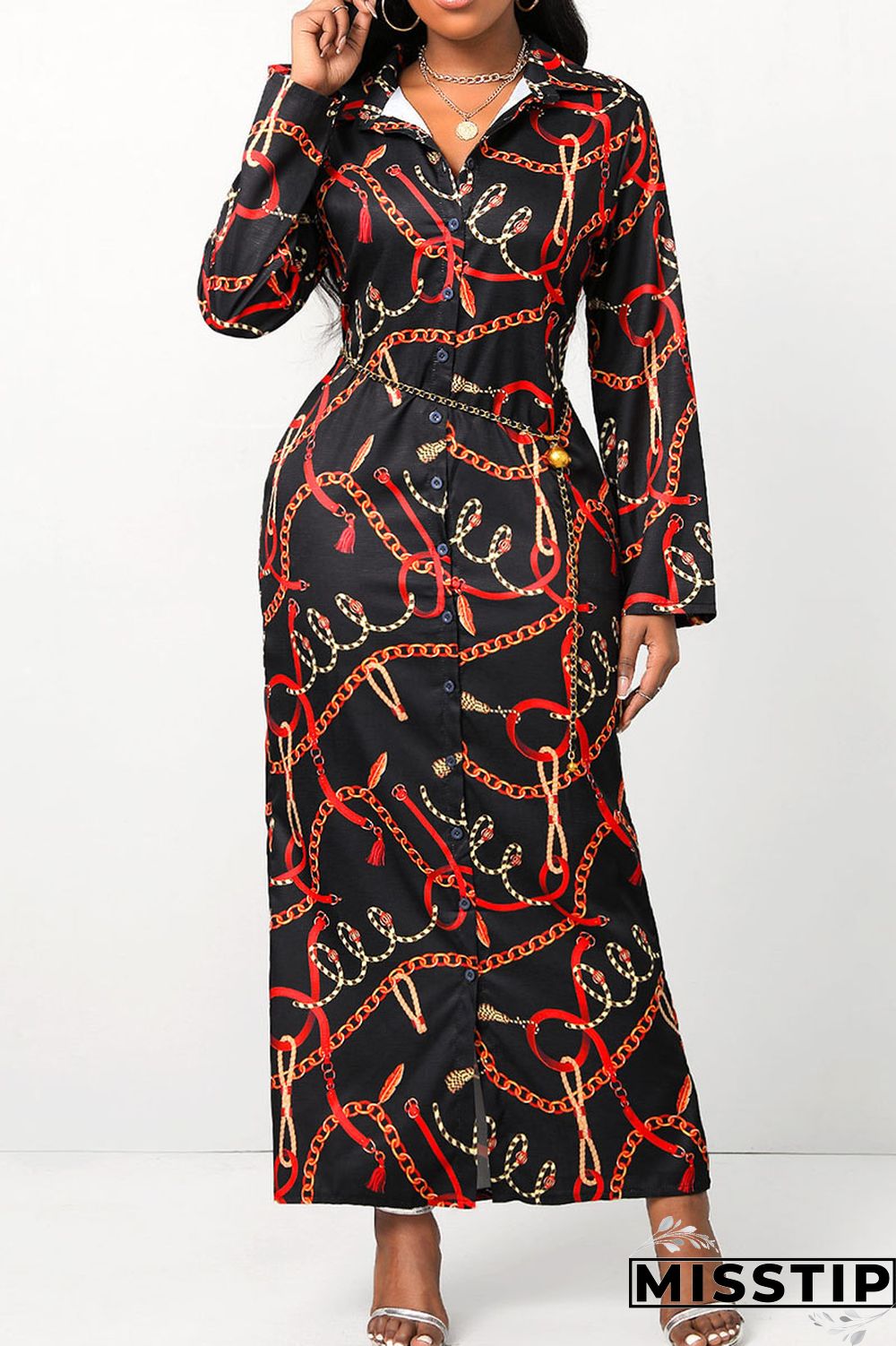 Black Casual Print Patchwork Buckle Without Belt Turndown Collar Straight Dresses