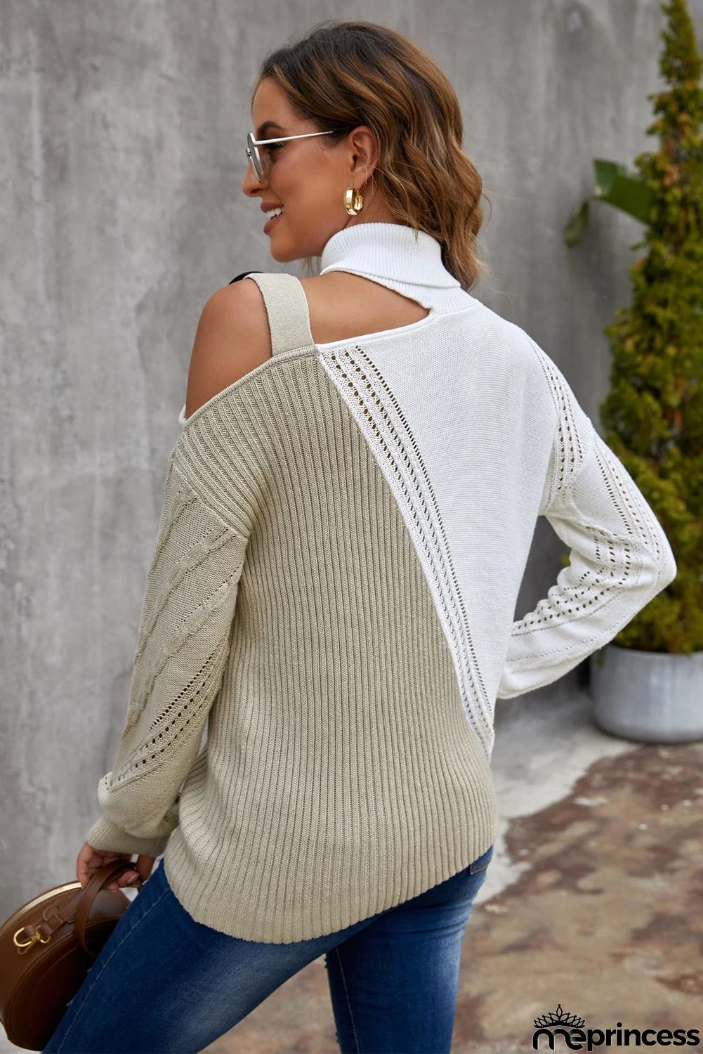 Chic Apricot White Turtleneck Cold Shoulder Sweater