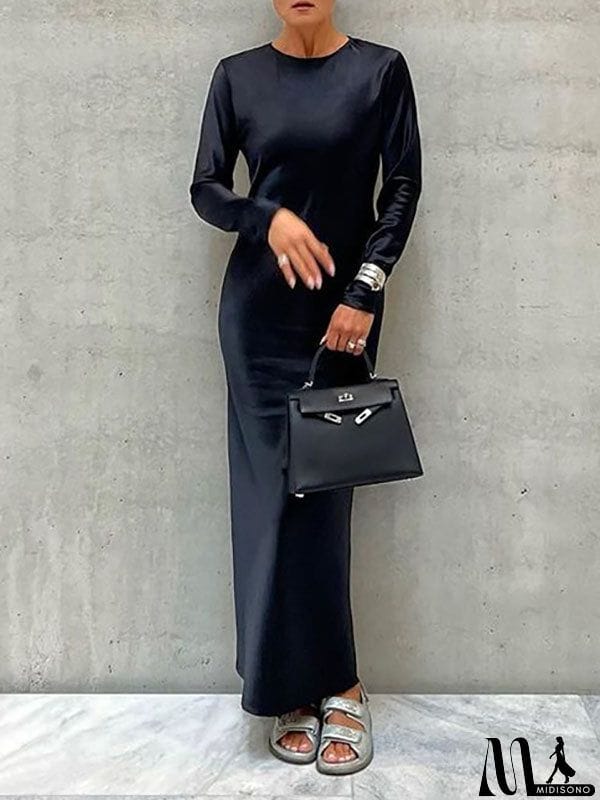 MidiSono - Casual Loose Long Sleeves Solid Color Round-Neck Maxi Dresses