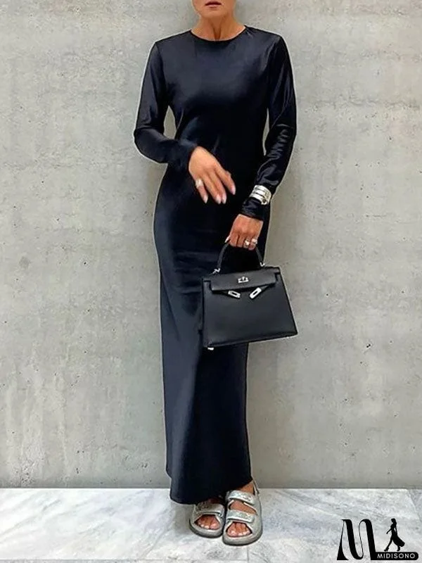 MidiSono - Casual Loose Long Sleeves Solid Color Round-Neck Maxi Dresses