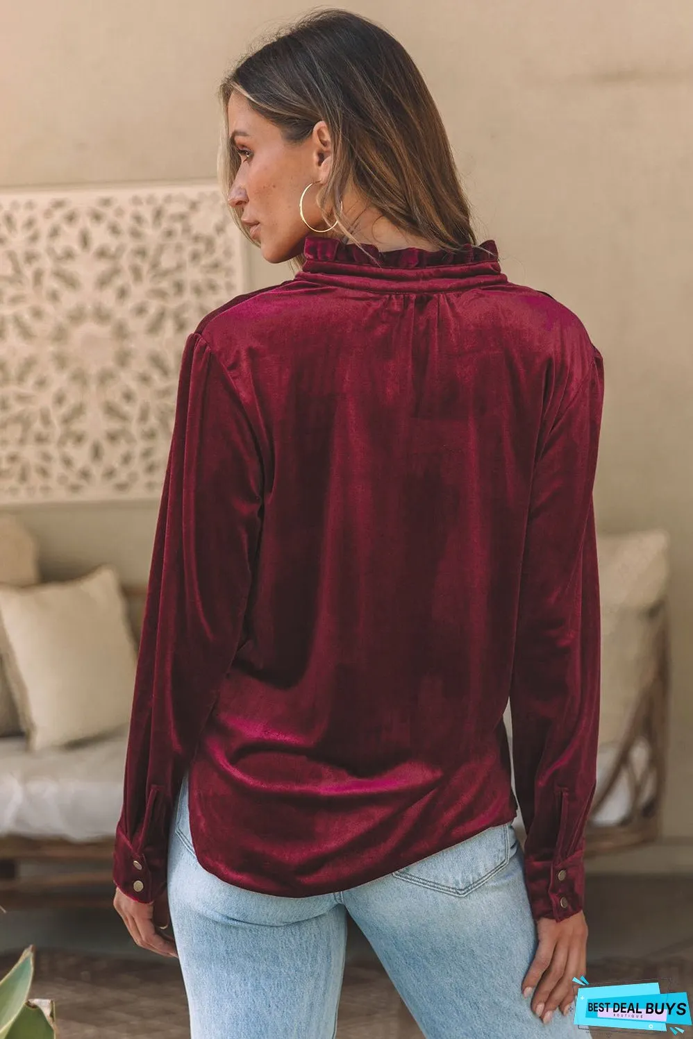 Frill Half Button Mock Neck Long Sleeve Blouse