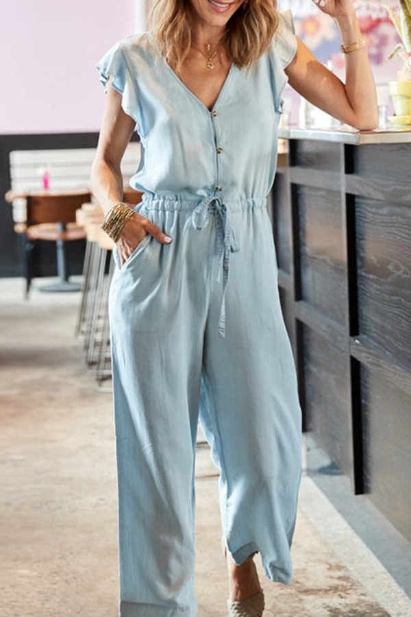 V-neck Pleated Lace-up Ruffle Sleeve Casual Loose Jumpsuit