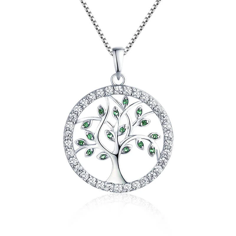 Mewaii® Wishing Tree Green Zircon Life Tree Pendant Silver Jewelry S925 Sterling Silver Clavicle Chain