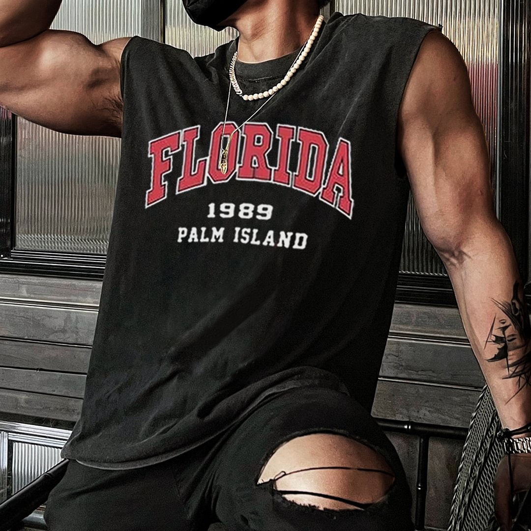 Retro Men's Florida Print Tank Top Oversized Sleeveless T-shirt、、URBENIE
