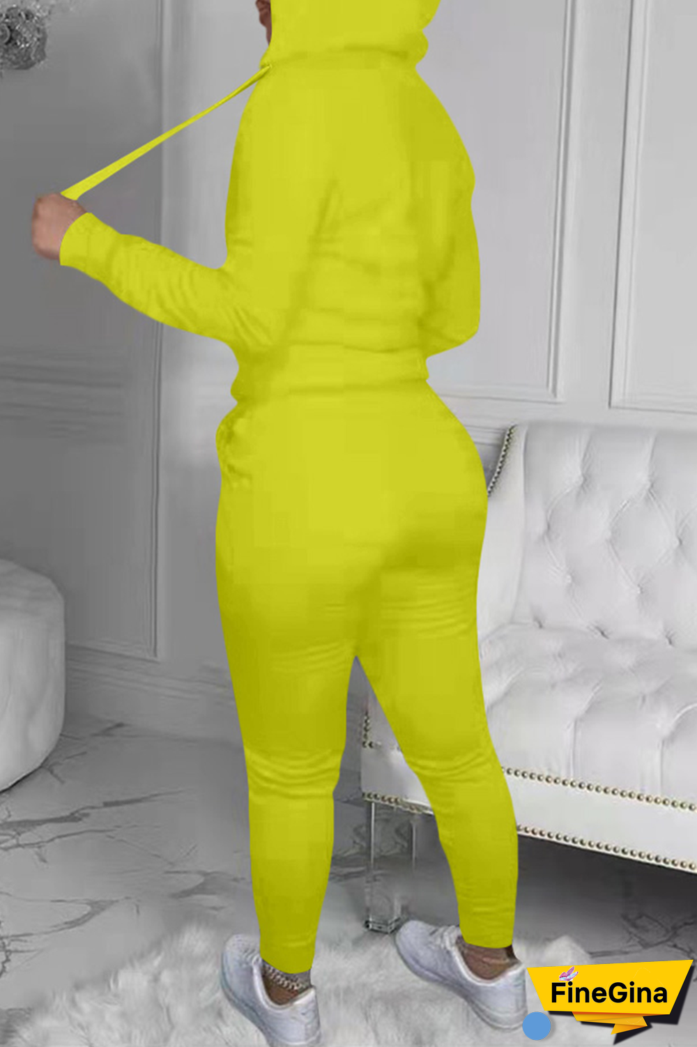 Yellow Street Print Patchwork Hooded Collar Long Sleeve Two Pieces