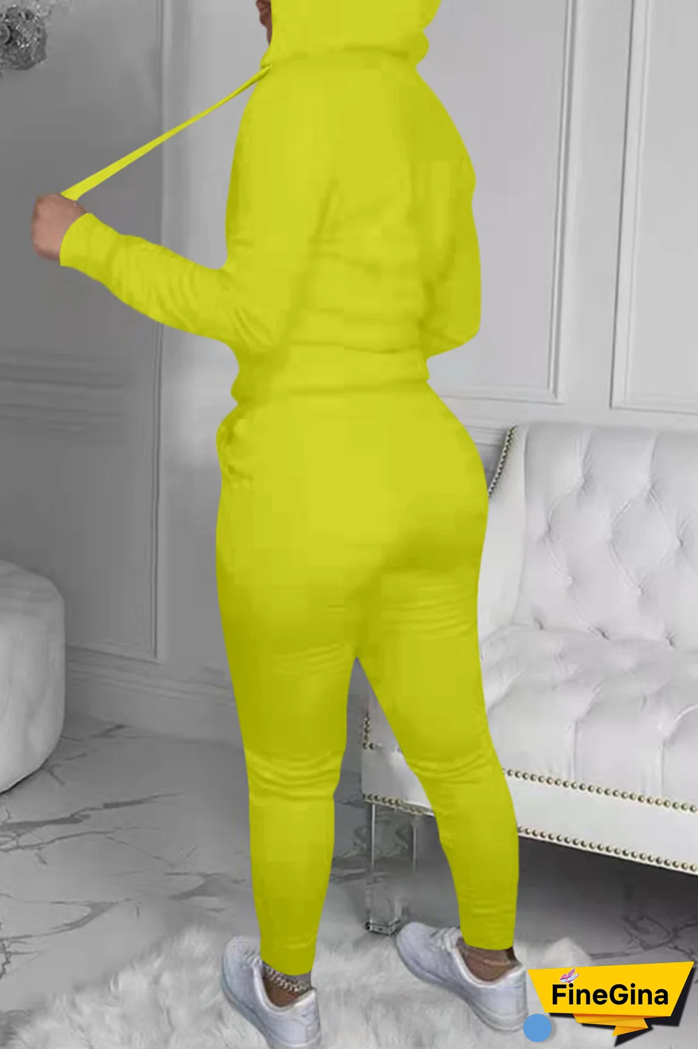 Yellow Street Print Patchwork Hooded Collar Long Sleeve Two Pieces