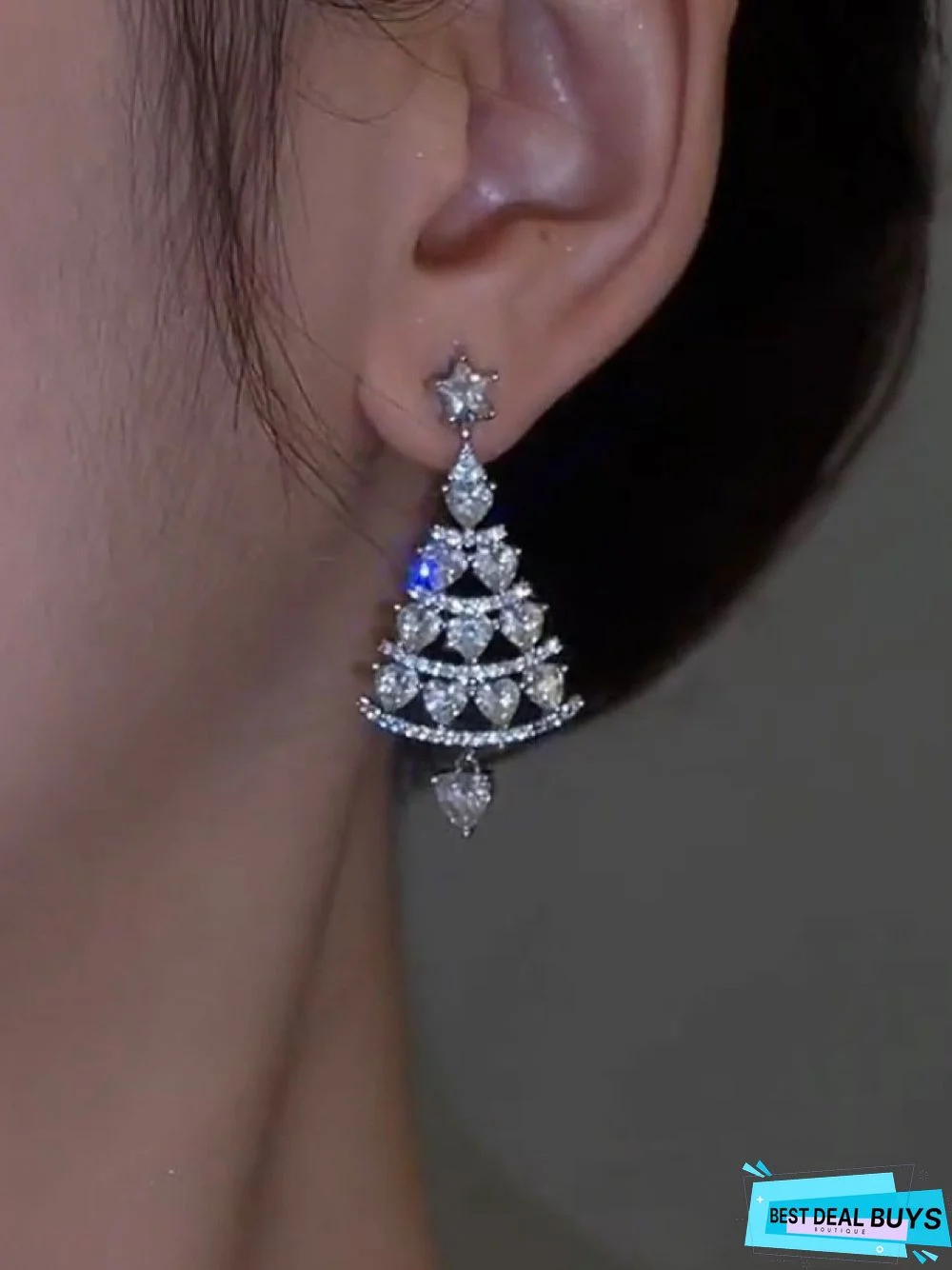 Banquet Party Silver Diamond Heart Earrings Christmas Tree Pattern Jewelry
