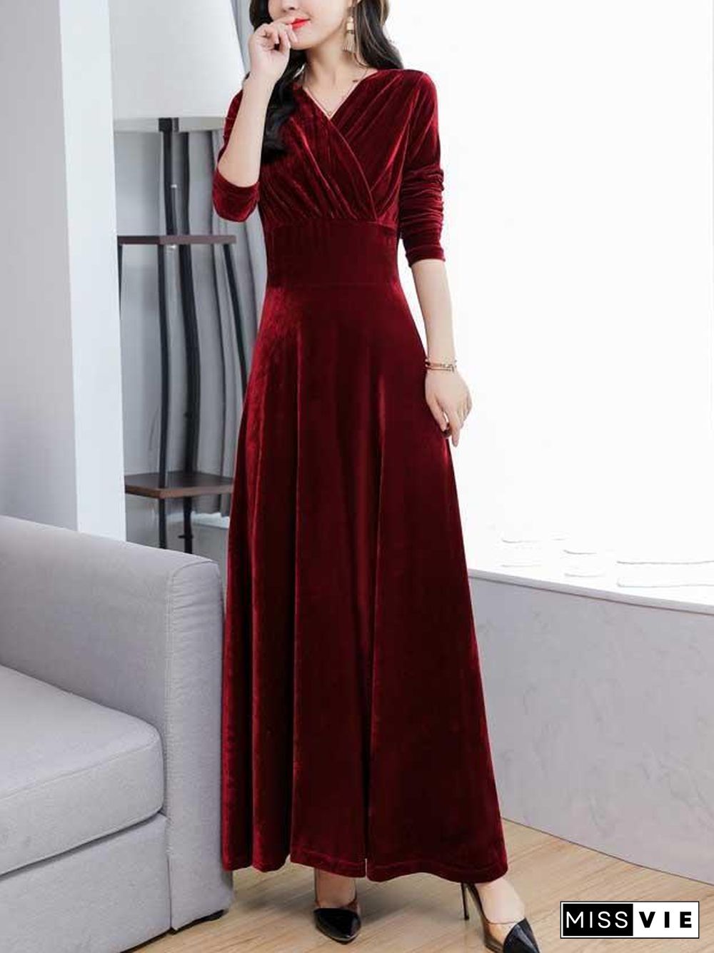 V Neck Plain Slim Defined Waist Velvet Dress